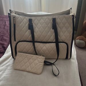 Elegant Cream Quilted Tote Bag with Black Accents